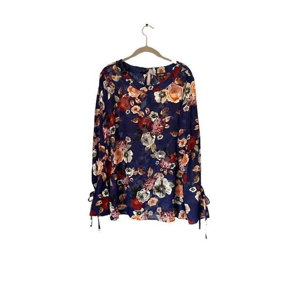Lord and Taylor floral blouse/sheer longsleeve/ties on cuffs size extra-large￼ - Picture 1 of 6